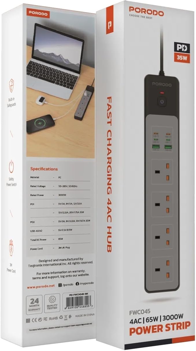 PD-FWCH045 | Porodo 4AC 65W 3000W Power Strip | Black