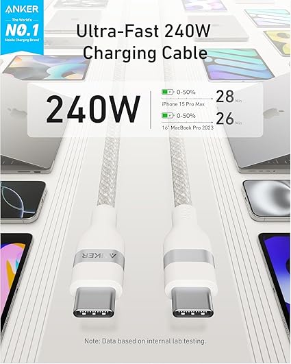 A82E2021 | Anker Nano USB-C to USB-C Cable | 240W | 3ft / 0.9 M | Upcycled - Braided | White
