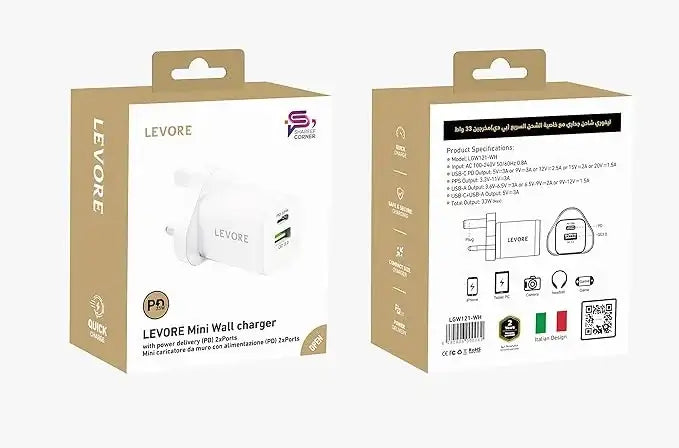 Levore Wall Charger 33W 1XUSB-C PD and 1XUSB-A QC3 Port - White - LGW121-WH - GulfStore.com