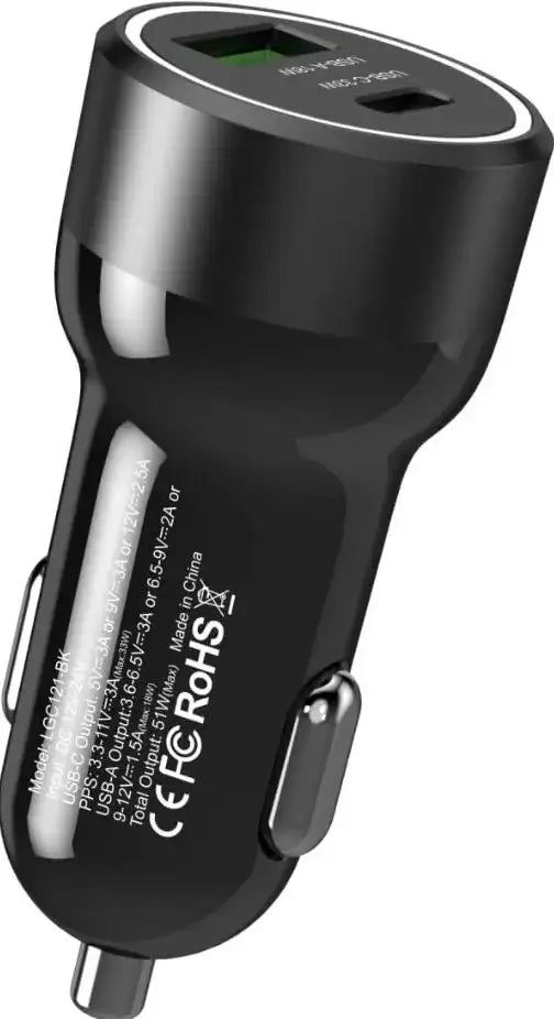 Levore Car Charger 51W 1XUSB-C PD and 1XUSB-A QC3 Port - Black - LGC121-BK - GulfStore.com