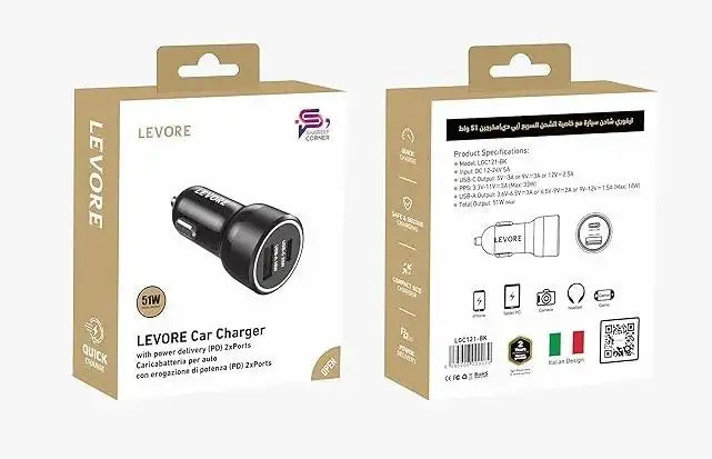 Levore Car Charger 51W 1XUSB-C PD and 1XUSB-A QC3 Port - Black - LGC121-BK - GulfStore.com