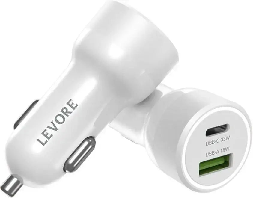 Levore Car Charger 51W 1XUSB-C PD and 1XUSB-A QC3 Port - White - LGC121-WH - GulfStore.com