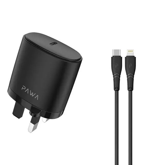 Pawa Solid Travel Charger 20W PD With Type-C to Lightning Cable PW-PDUKCL-BK - Black