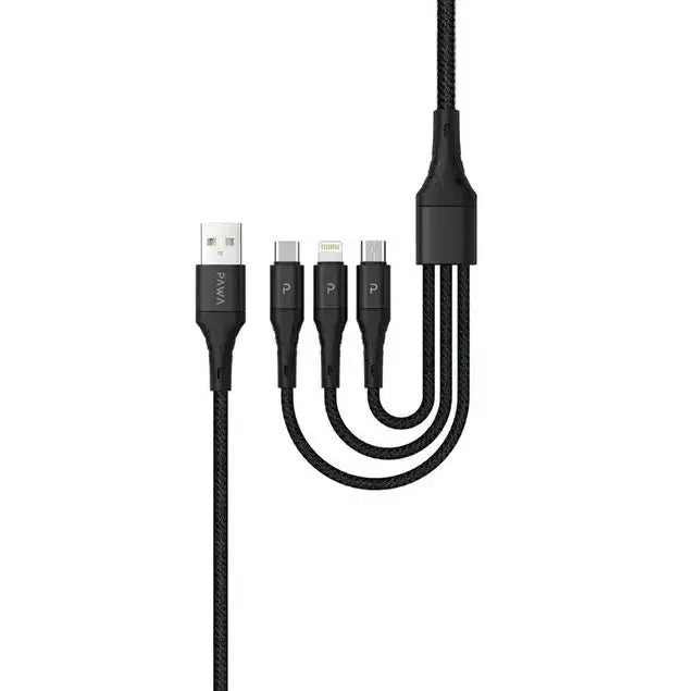 Pawa-PW-12BD3IN1-BK,Data Cable Braided 1.2 Meter USB-A To USB-C+Lightning+MicroBlack - GulfStore.com