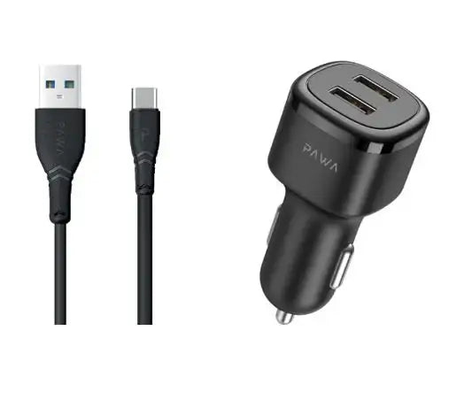 Pawa-PW-24AICCT-BK,Pawa Solid Car Charger 2.4A Auto-ID with Type-C CableBlack - GulfStore.com
