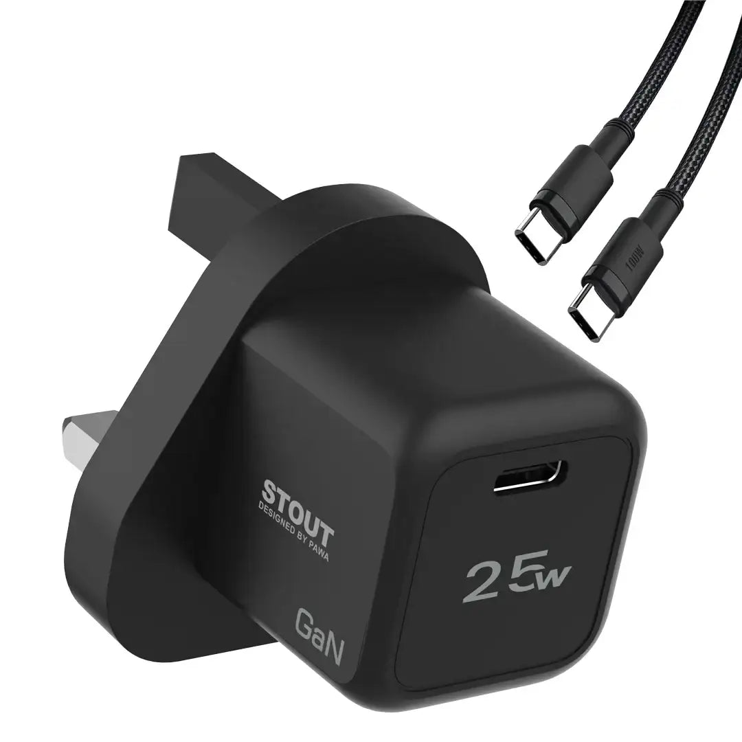 Pawa Stout Gan Travel Charger With Single PD Port 25 W , Type C To C Cable - Black PW-GN25UKTT-BK - GulfStore.com