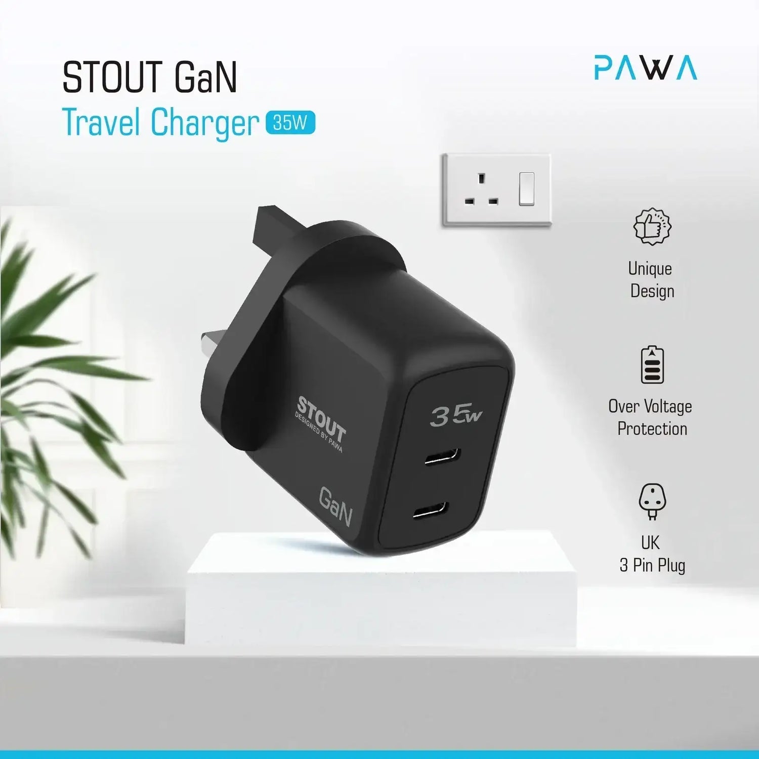 Pawa Stout Gan Travel Charger with Dual PD Port 35W-Black PW-GN35UK-BK - GulfStore.com