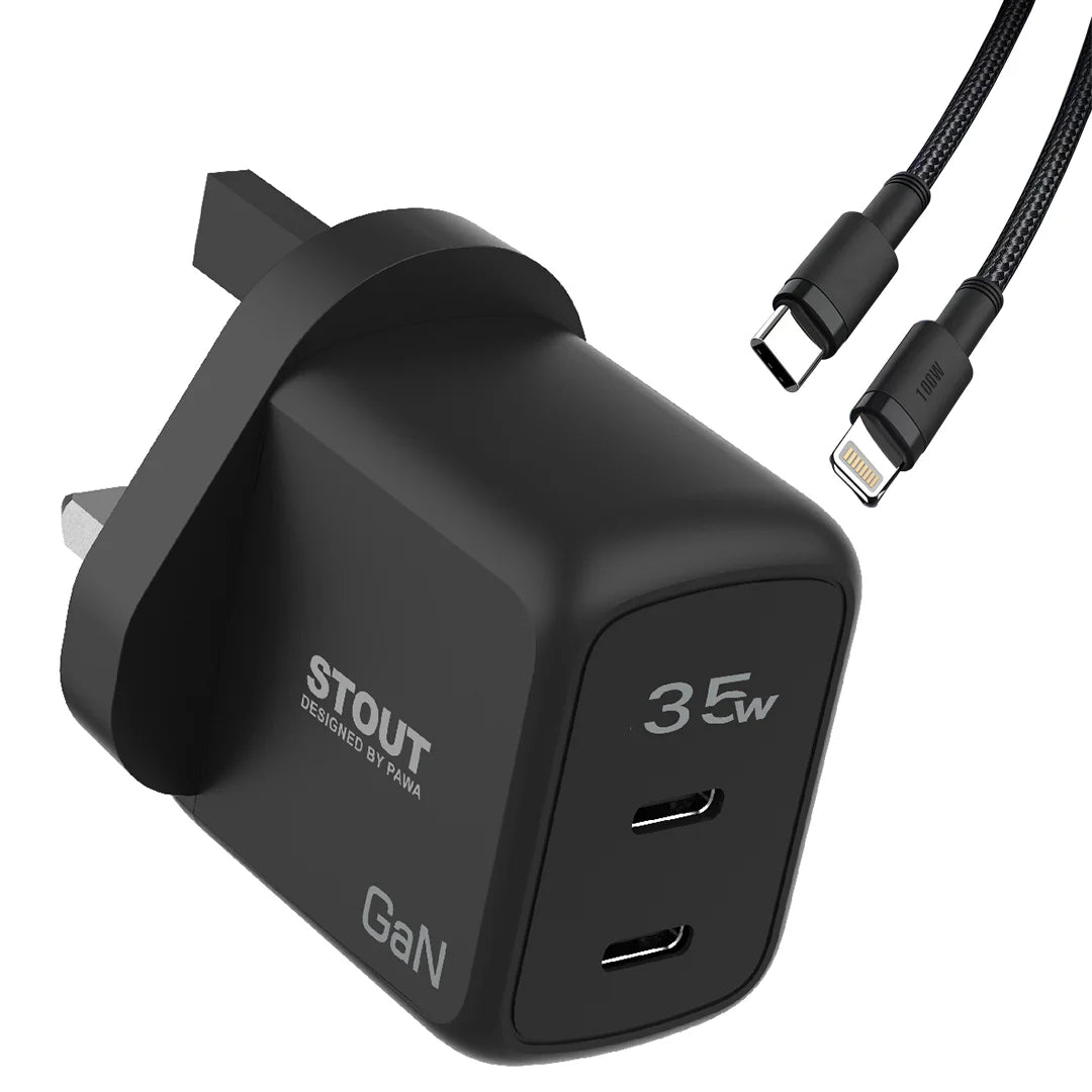 Pawa Stout Gan Travel Charger With Single PD Port 35W-C to lighting -Black PW-GN35UKTL-BK