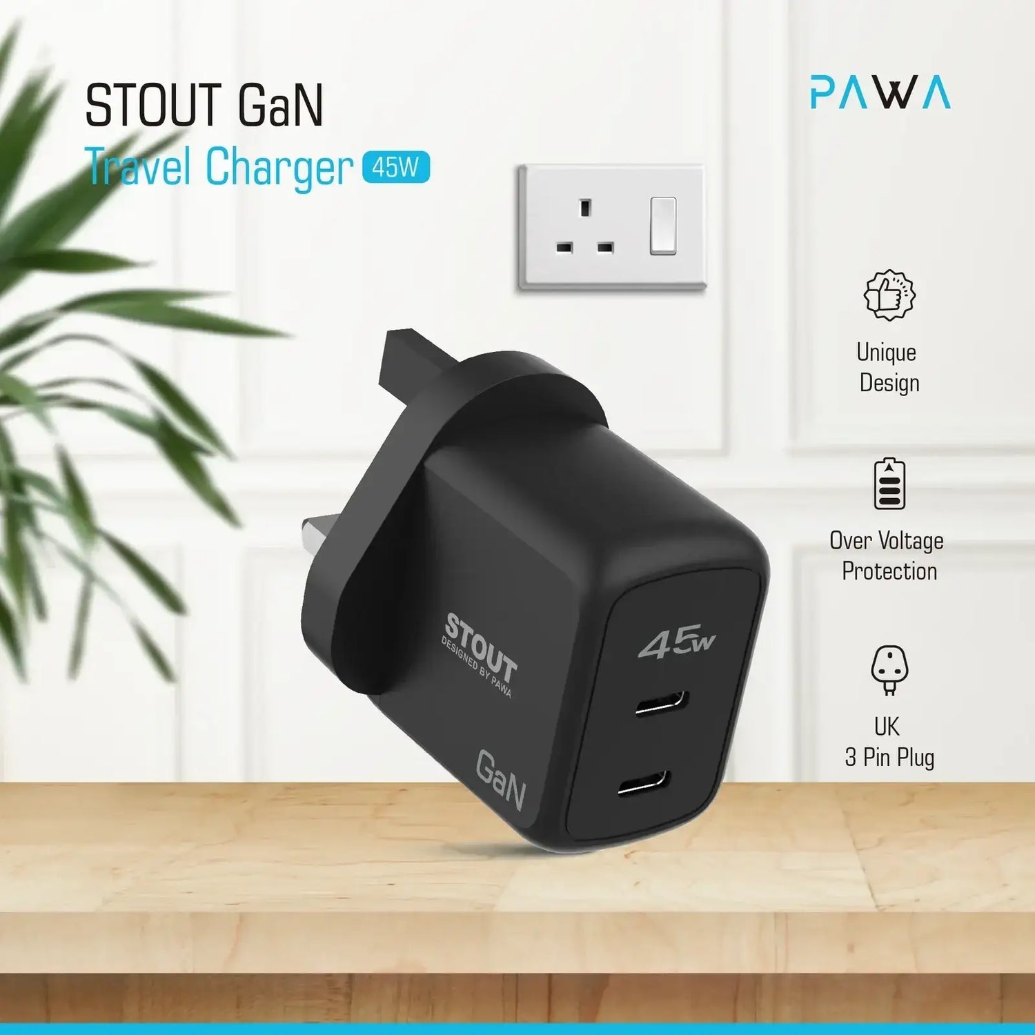 Pawa Stout Gan Travel Charger With Dual PD Port 45W-Black PW-GN45UK-BK - GulfStore.com
