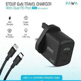 Pawa Stout Gan Travel Charger With Dual PD port 45W With Braided Type-C to Lightning Cable Black PW-GN45UKTL-BK - GulfStore.com