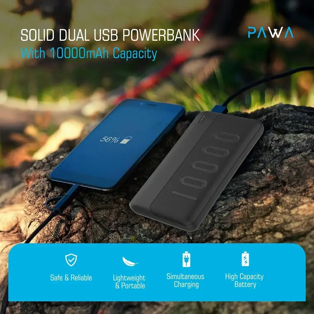 PAWA Dual USB Solid Powerbank (10000 mAh) - Black - GulfStore.com