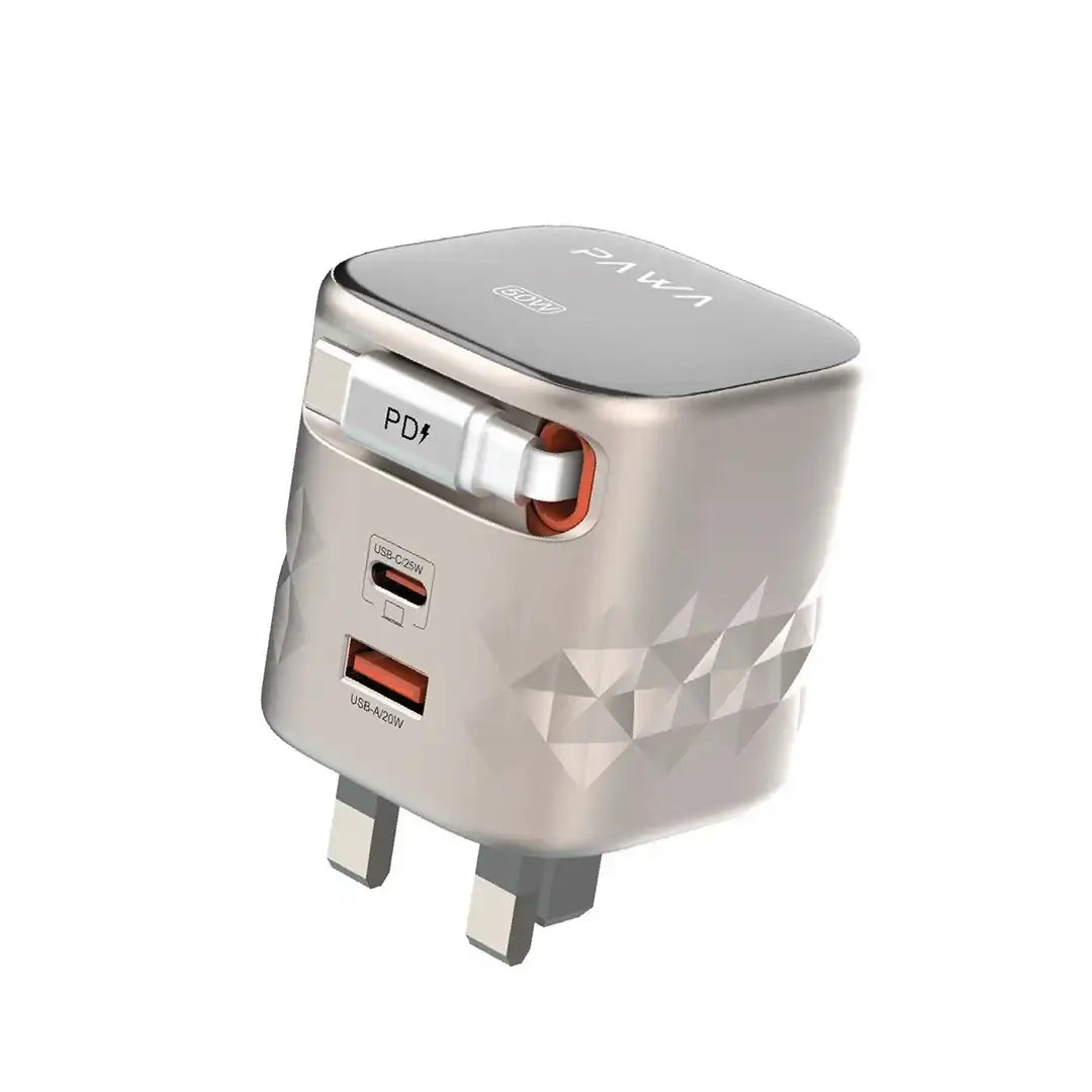 Pawa Retro 50W UK Charger With Retractable Cable - Titanium & Black ( PW-TAR50ACT-TTBK) - GulfStore.com