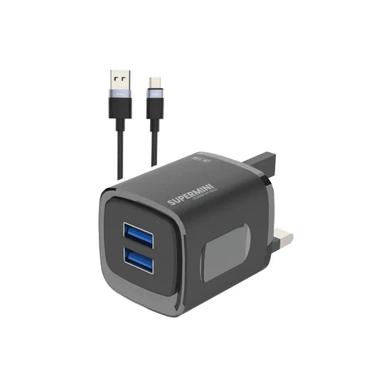 PW-TCSP3UKM-BK | PAWA Supermini Travel Charger Dual Usb 3.1A UK Standard With Braided Micro Cable | Black