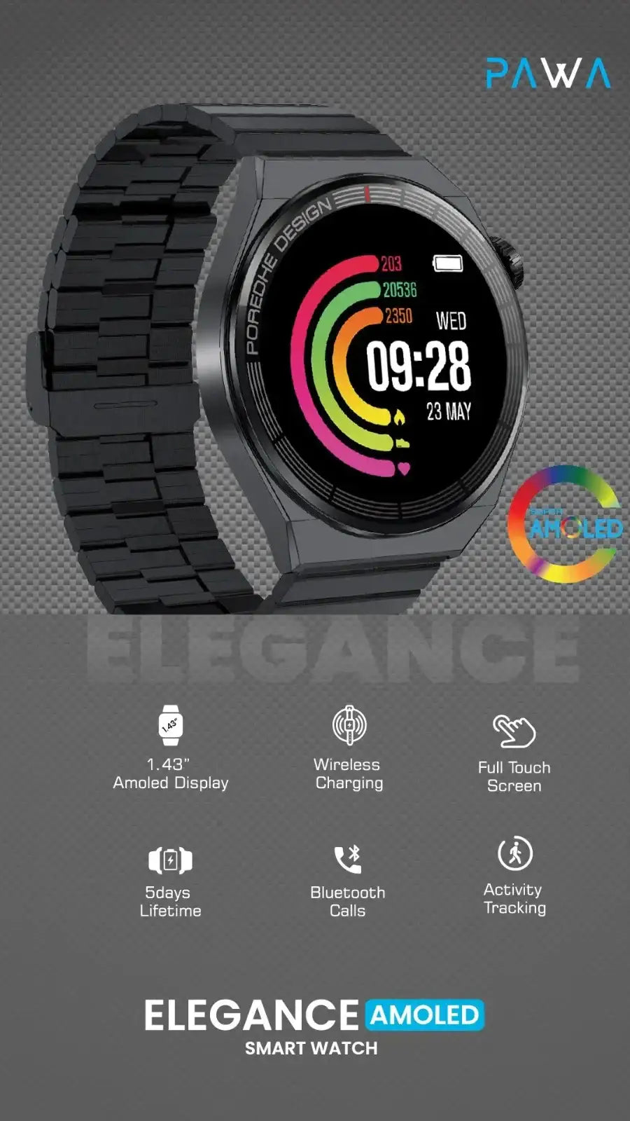 Pawa Elegance Amoled Smart Watch - Black - GulfStore.com