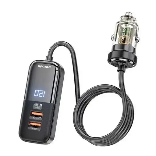 Porodo 120W Transparent Multi Port Car Charger with Rear Expansion - Black - GulfStore.com