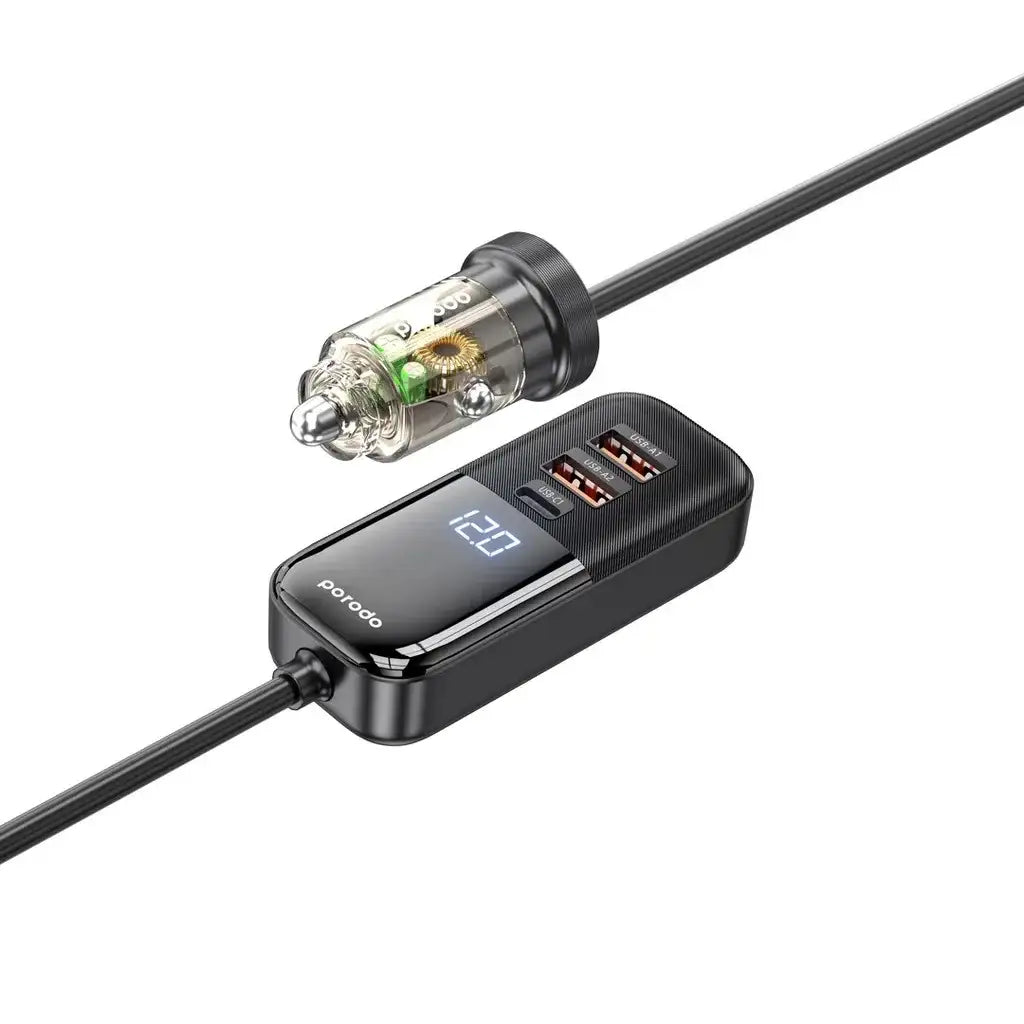 Porodo 120W Transparent Multi Port Car Charger with Rear Expansion - Black - GulfStore.com