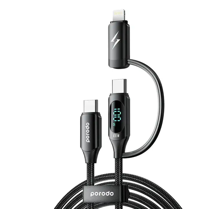 Porodo Dual-Connector Type-C Fast Charging Cable With Power Display 1.2m-Black - GulfStore.com