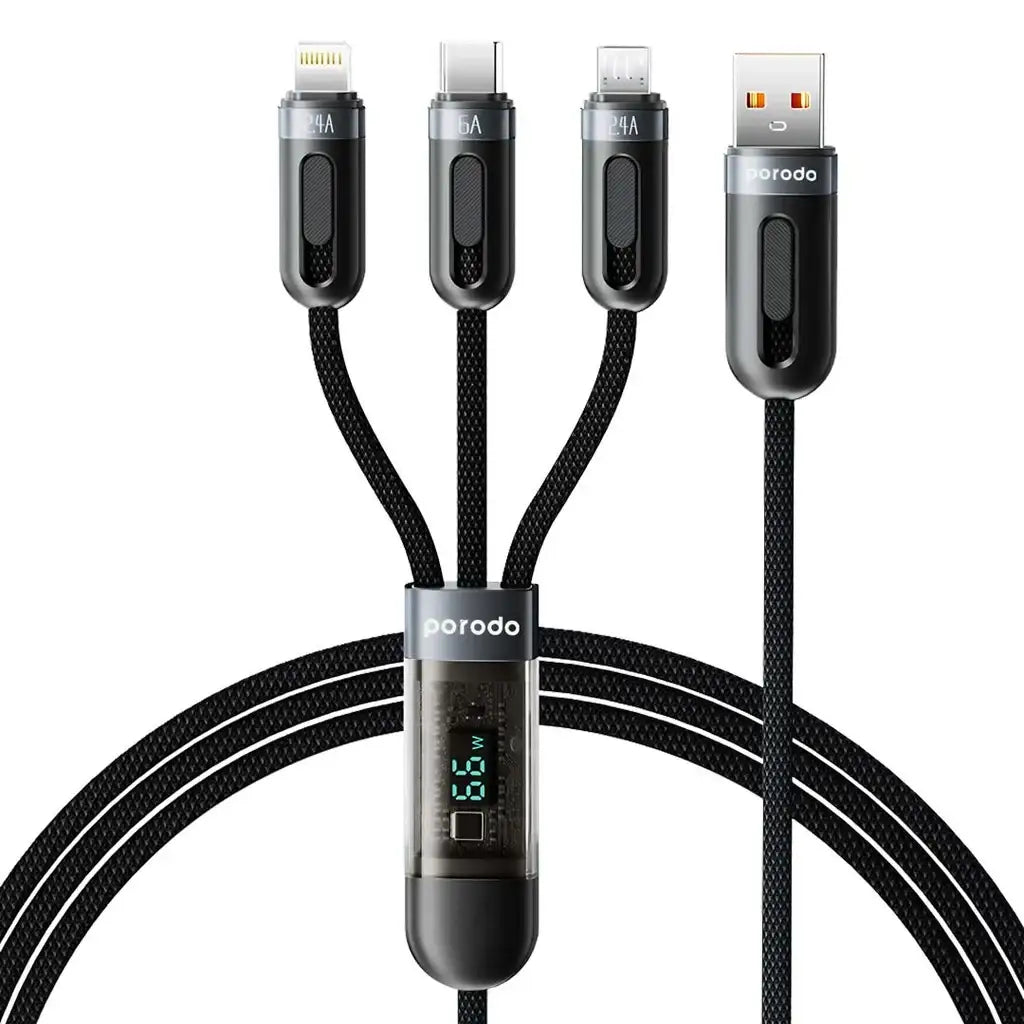 Porodo Multi-Connector USB-A Fast Charging Display Cable Lightnin / Type-C / Micro USB 1.2m-Black - GulfStore.com