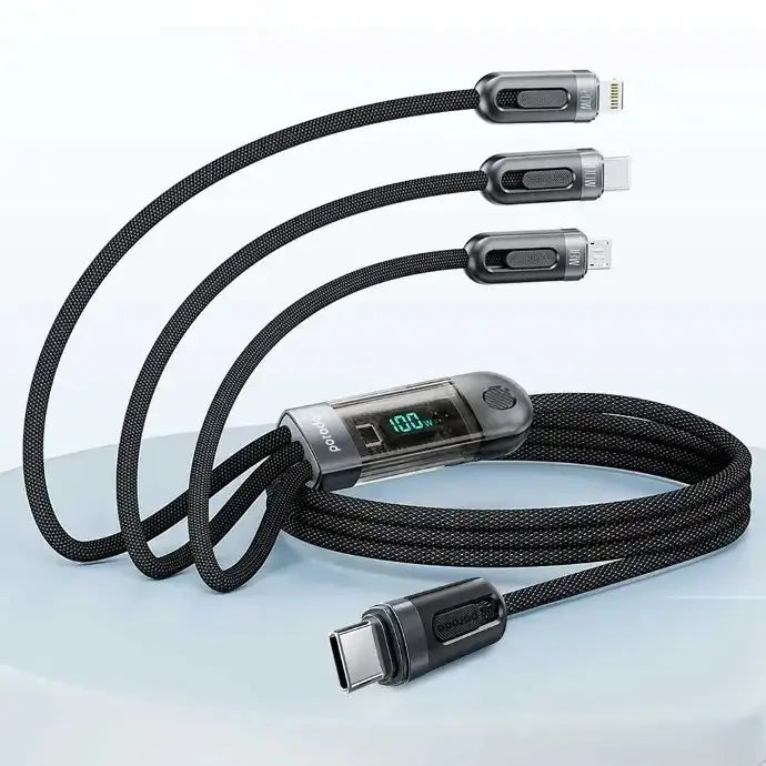 Porodo 3-IN-1 Digital-Display Fast Charging 1.2M Cable Type-C to Type-C + Lightning + Micro - BLACK - GulfStore.com