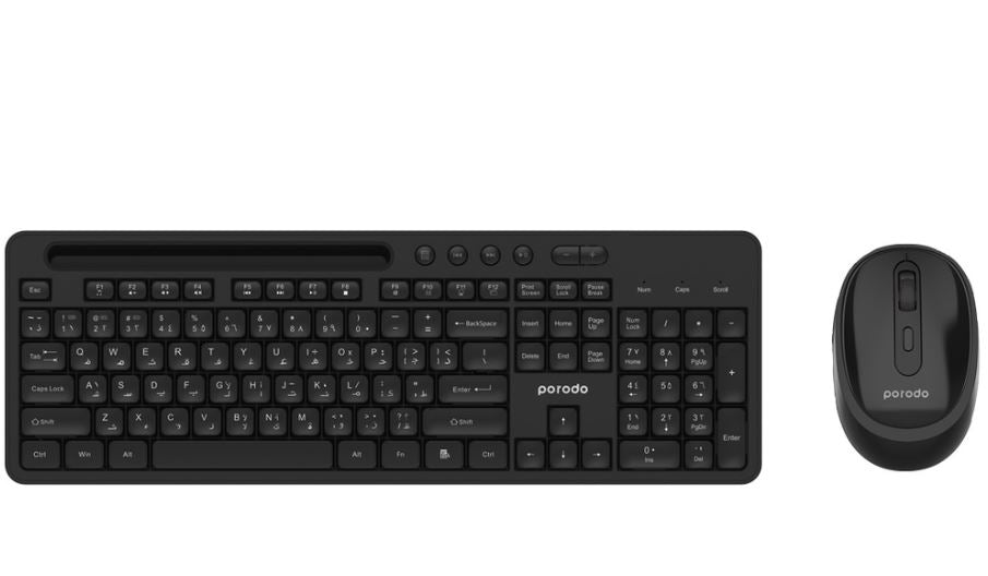 Porodo Dual Mode Wireless Keyboard Mouse Set With Mobile Phone Stand Black
