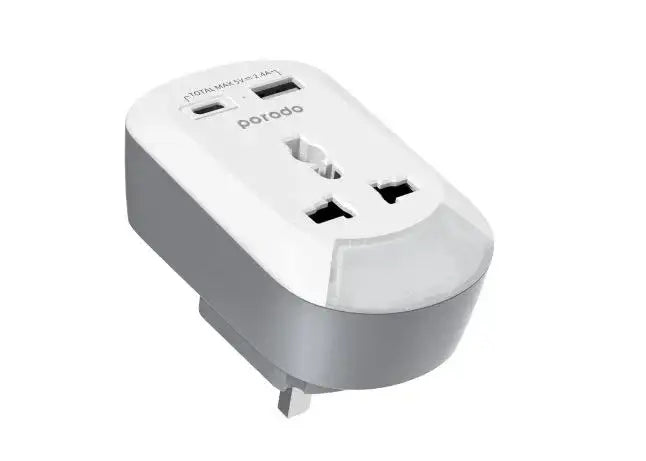 Porodo Universal AC Socket UK Plug Adapter Nightlight/USB-A /USB-C White