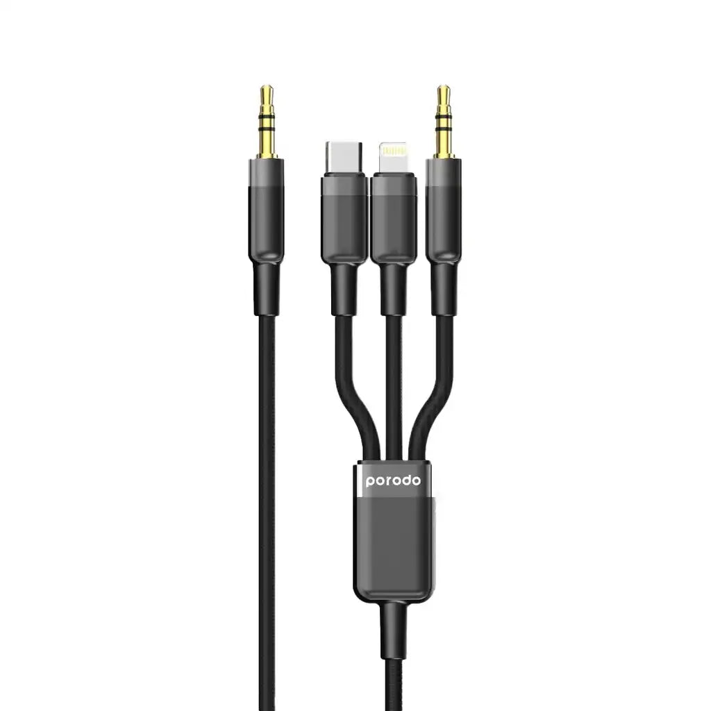 Porodo Multi-Device AUX 3.5mm|Type-C|Lightning Cable(4ft/1.2m) - PD-AUX3N1-BK - GulfStore.com