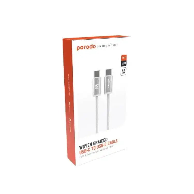 Porodo Woven Braided USB-C To Type-C Cable Data & Fast Charge Aluminum Shell 1.2m/4ft White - GulfStore.com