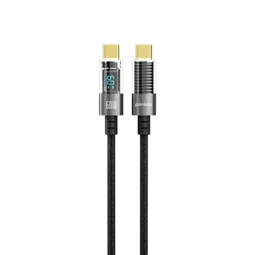 Porodo 60W Type-C to Type-C Braided Cable with PD Display 1.2M - Black - GulfStore.com