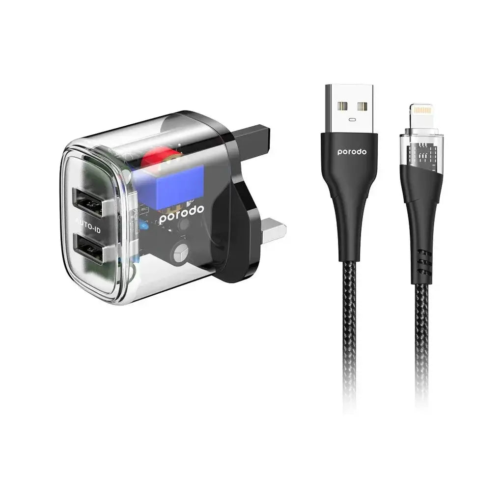 Porodo Dual Output Transparent Charger 2.4A UK with USB-A to Lightning Cable 1.2M - Black - GulfStore.com