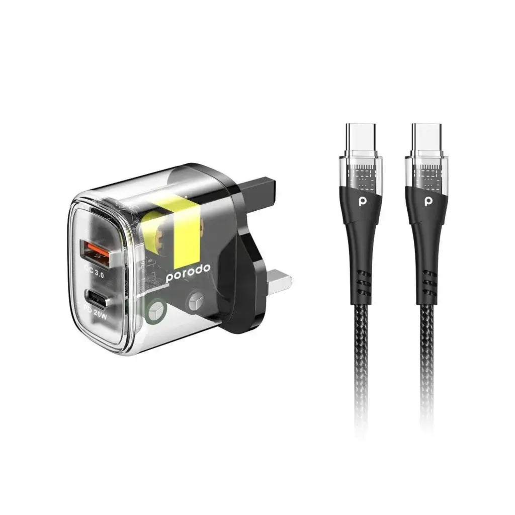 Porodo Dual Output Transparent Quick Charger USB-C PD And USB-A QC With USB-C To USB-C Cable 1.2m UK - GulfStore.com