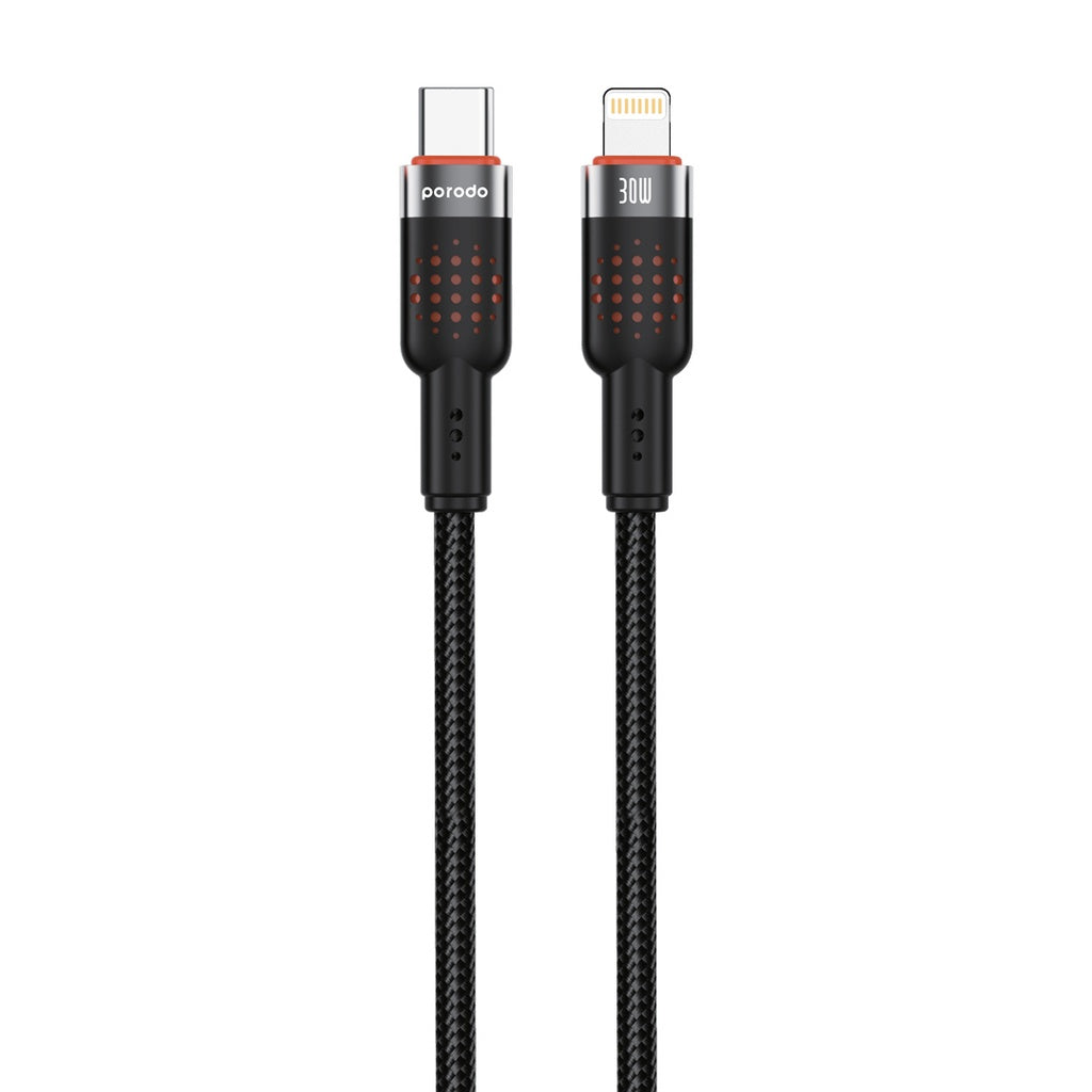 PD-CBL0010-BK | Porodo USB-C to Lightning Aluminum Braided Cable | Black - GulfStore.com