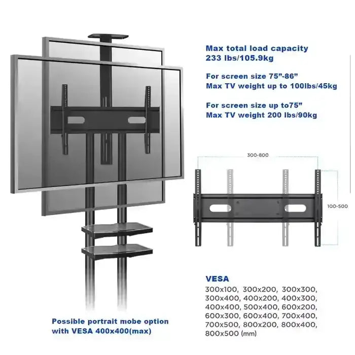 GAMVITY TROLLEY WITH WHEELS ADJUSTABLE HEIGHT MOBILE TV MOUNT STAND HEIGHT ADJUSTABLE LCD SCREEN FLOOR STAND CARTS WITH DVD SHELF (50-86INCH) - GulfStore.com