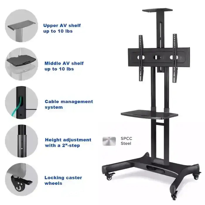 GAMVITY TROLLEY WITH WHEELS ADJUSTABLE HEIGHT MOBILE TV MOUNT STAND HEIGHT ADJUSTABLE LCD SCREEN FLOOR STAND CARTS WITH DVD SHELF (50-86INCH) - GulfStore.com