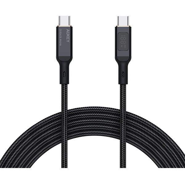 Aukey Nylon Braided USB C to USB C Cable with LCD Display 1.8m / 100W - Black - GulfStore.com