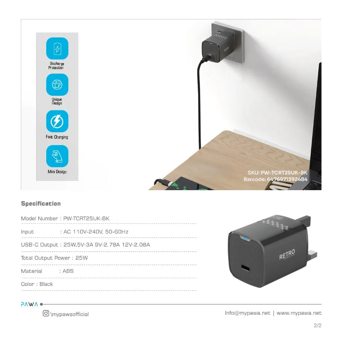 PW-TCRT25UK-BK | قابس باوا ريترو 25 واط بمنفذ Type-C في المملكة المتحدة | أسود