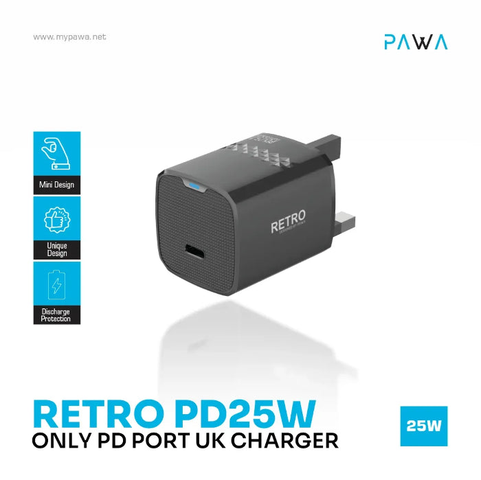 PW-TCRT25UK-BK | PAWA Retro 25W With Type-C Port UK Plug | Black