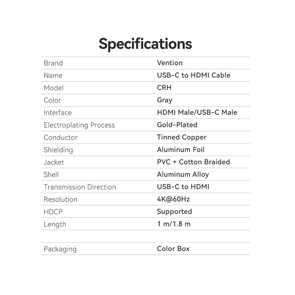 CRHHAC | Vention Cotton Braided USB-C to HDMI-A 4K HD Cable 1.8M Aluminum Alloy Type