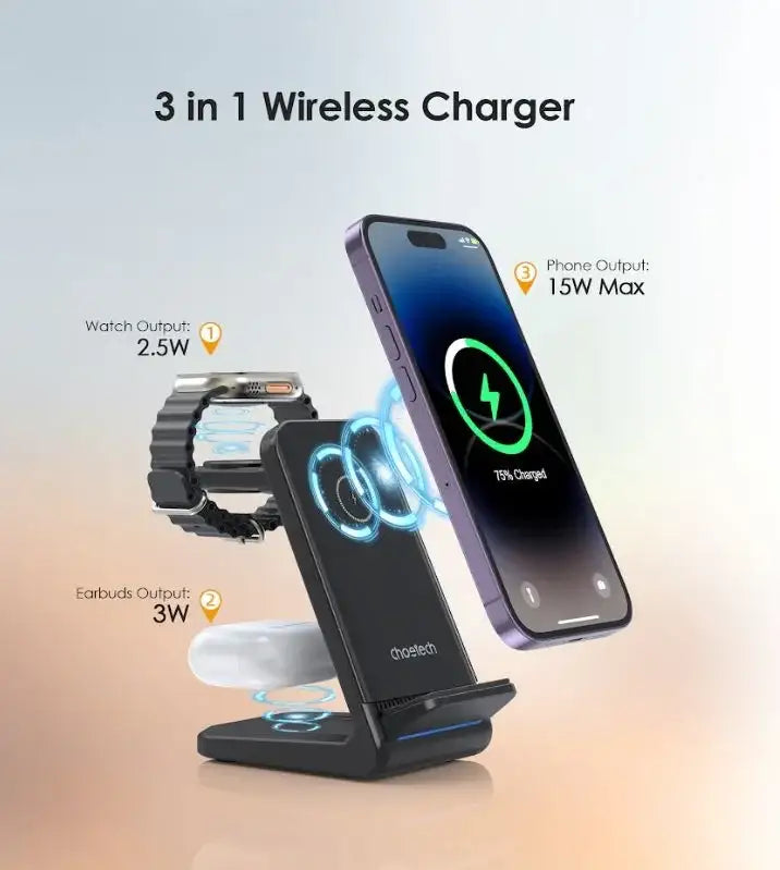 Choetech 3in1 wireless charging with removable iwatch charger holder (Compatible with both Apple and Samsung) black - GulfStore.com