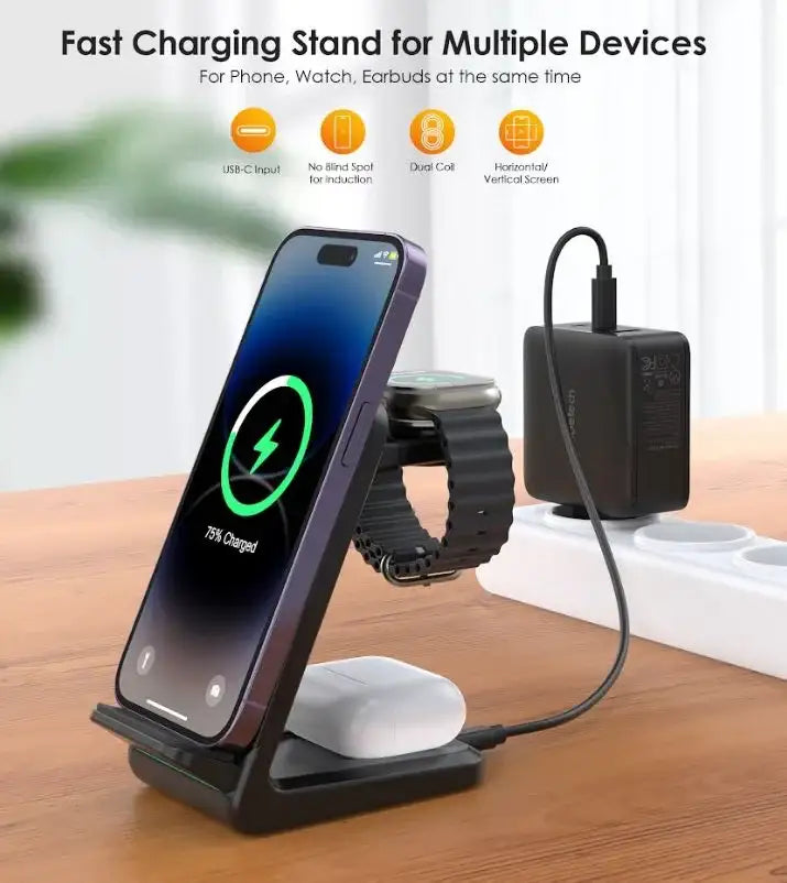 Choetech 3in1 wireless charging with removable iwatch charger holder (Compatible with both Apple and Samsung) black - GulfStore.com