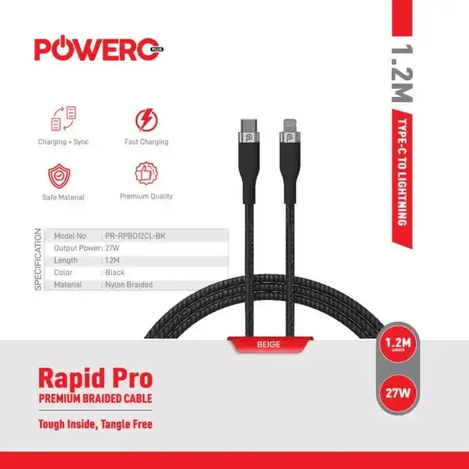 Powero+ Rapid Pro Premium Braided Cable USB-C to LIGHTNING 27W, 1.2M Black - GulfStore.com