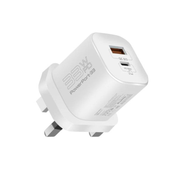 Promate 33W Power Delivery GaNFast™ Charging Adapter, White - PowerPort-33