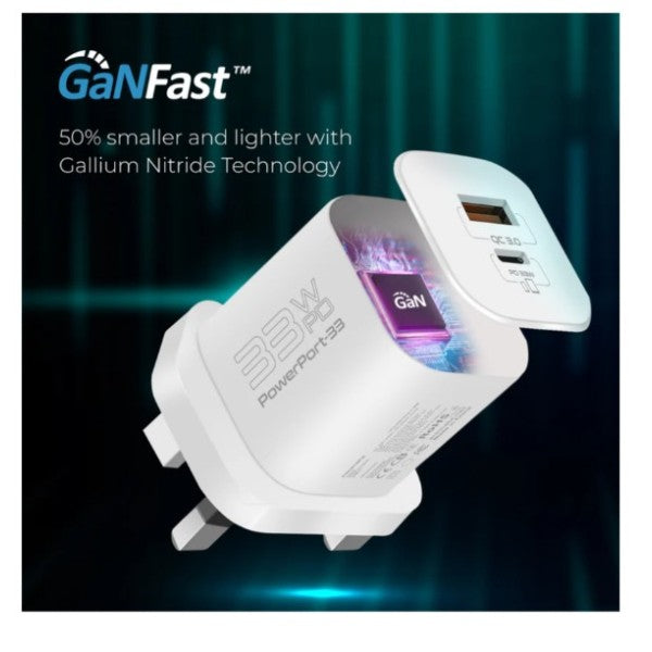 Promate 33W Power Delivery GaNFast™ Charging Adapter, White - PowerPort-33