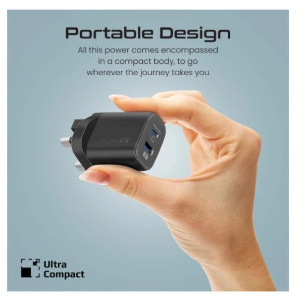 Promate 25W PD Dual Port Adapter with Ultra-Fast USB-C to Lightning Cable