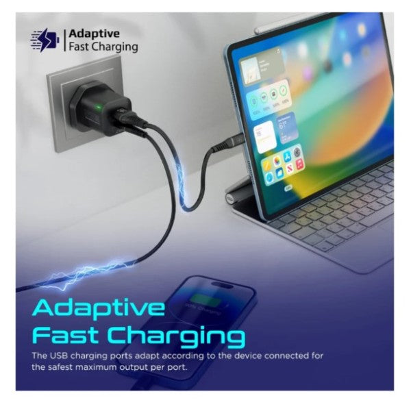 Promate Ultra-Fast Dual Port AC Charger with 25W Power Delivery and QC 3.0, Black - PowerPort-25AC