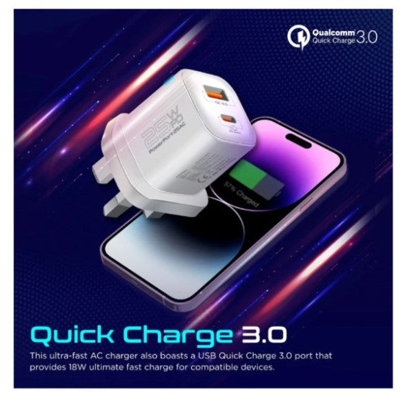 Promate Ultra-Fast Dual Port AC Charger with 25W Power Delivery and QC 3.0, White - PowerPort-25AC