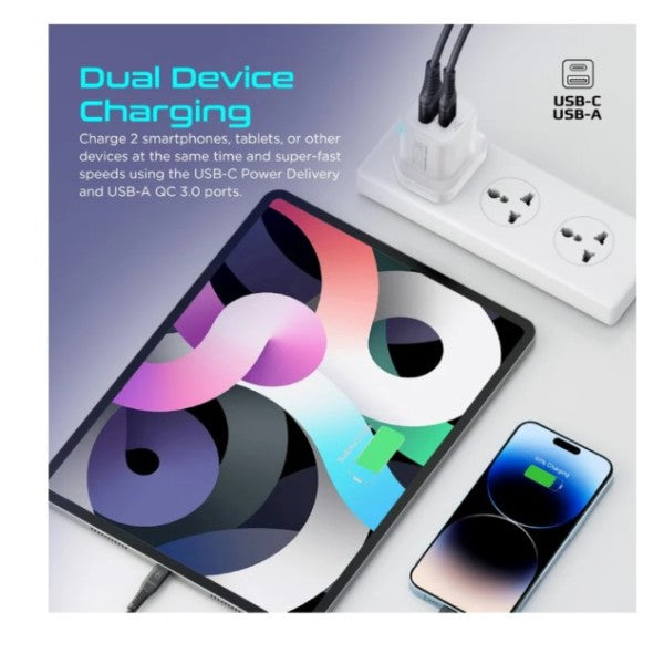 Promate Ultra-Fast Dual Port AC Charger with 25W Power Delivery and QC 3.0, White - PowerPort-25AC