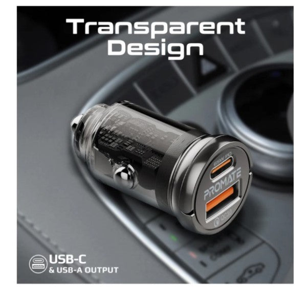 Promate 65W RapidCharge™ Transparent Mini Car Charger with Power Delivery & QC 3.0 - TransDrive-65W