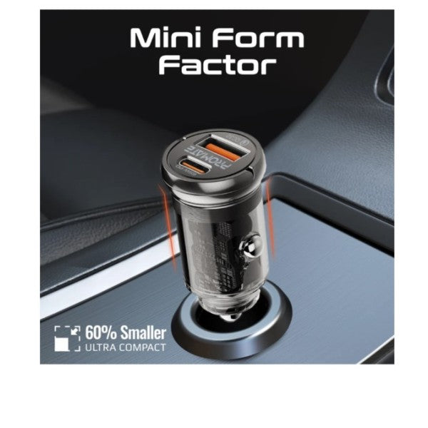 Promate 65W RapidCharge™ Transparent Mini Car Charger with Power Delivery & QC 3.0 - TransDrive-65W
