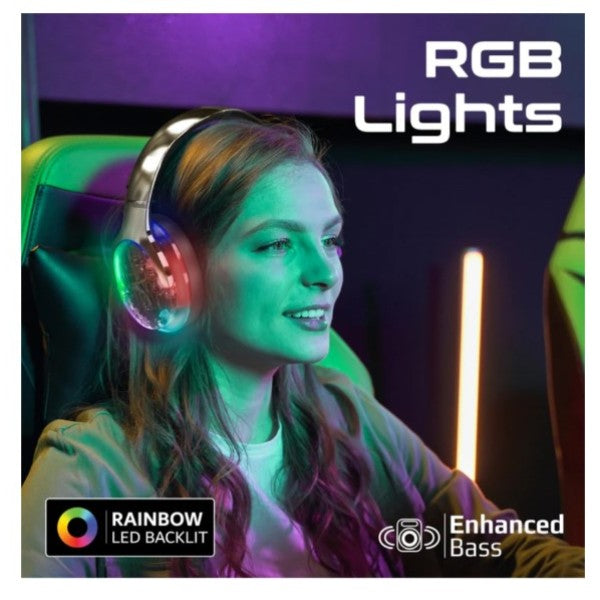 Promate Active Noise Cancelling Hi-Fi Stereo Wireless Headphones with RGB Lights, Gun Metal