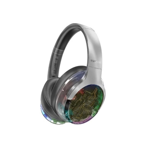 Promate Active Noise Cancelling Hi-Fi Stereo Wireless Headphones with RGB Lights, Silver